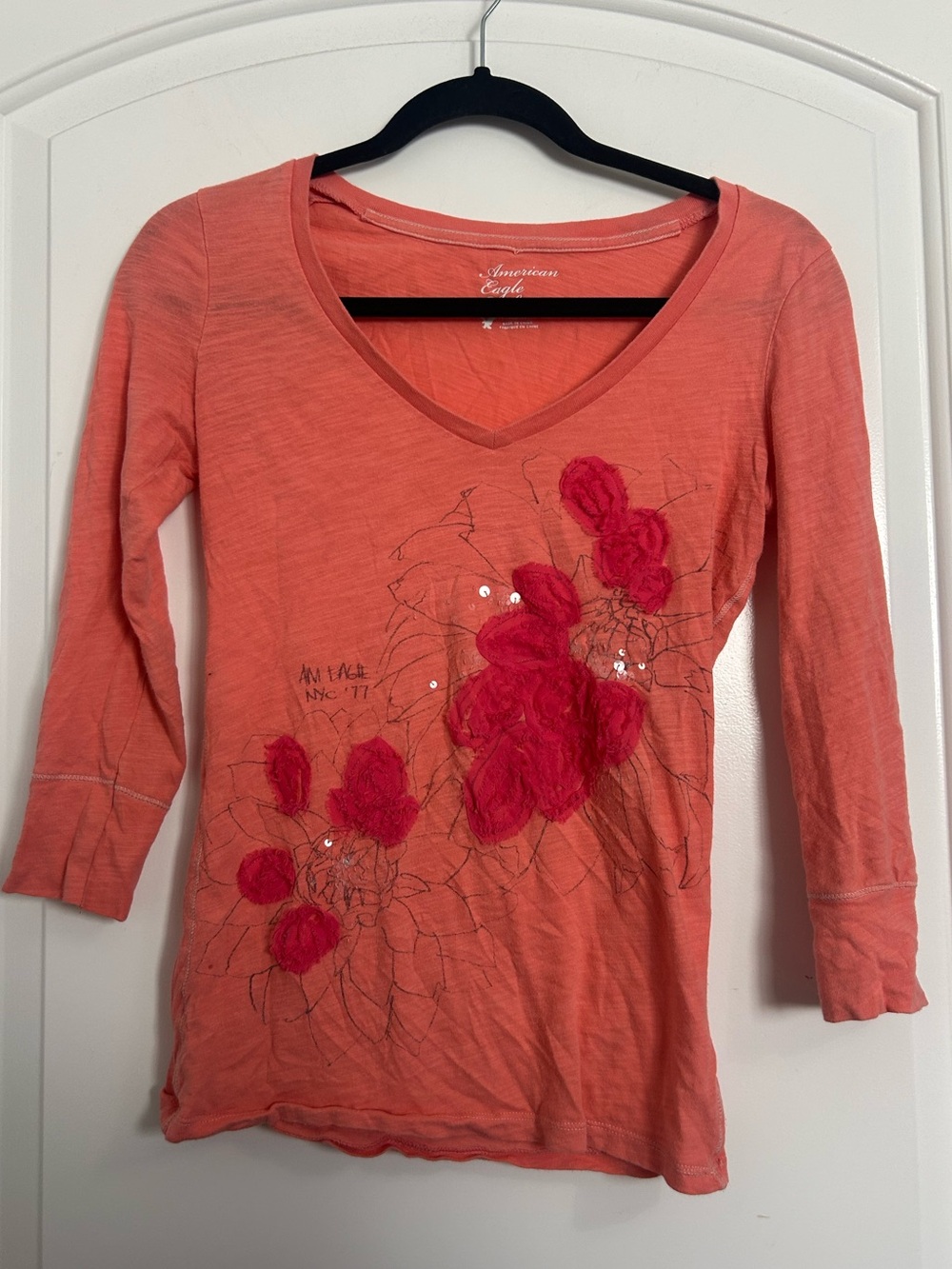 American Eagle y2k Coral V-Neck Floral Babydoll Top size XS vintage style 90s
